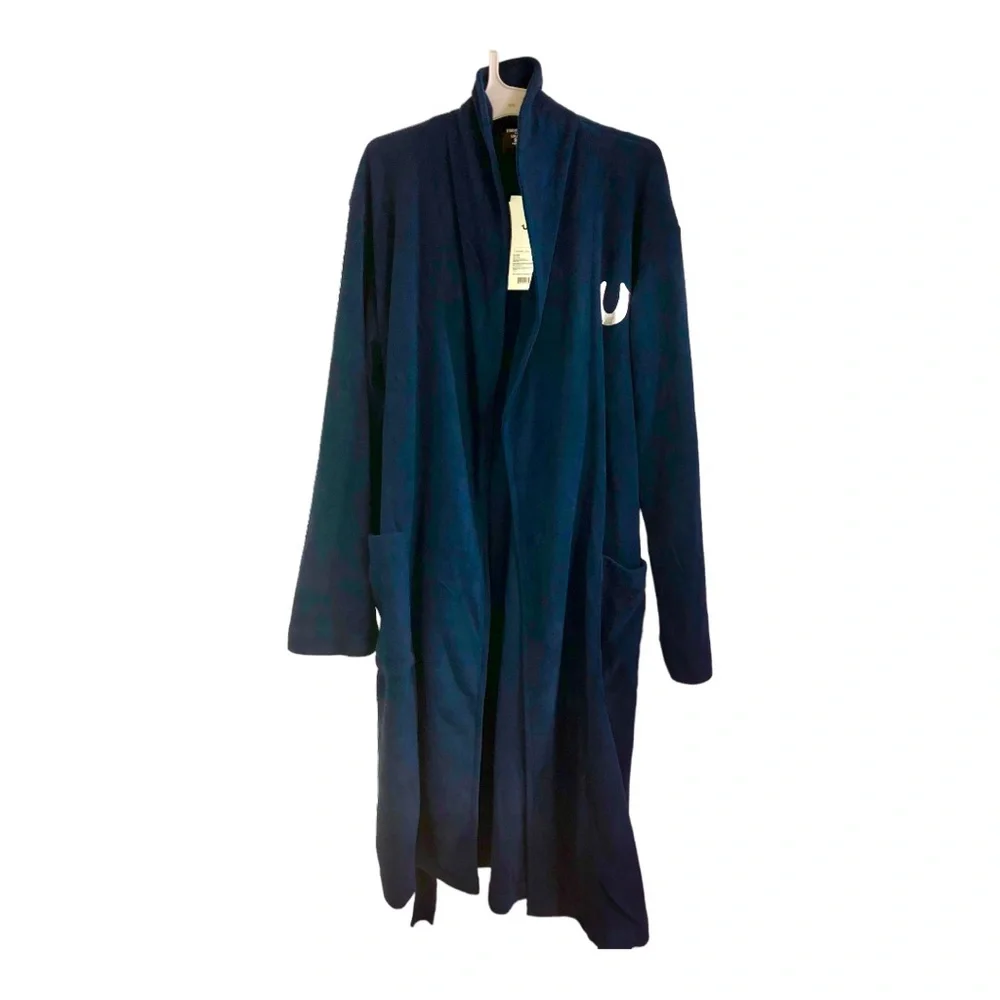 True Religion dark navy blue fleece silver logo lounge bath robe size small new‎